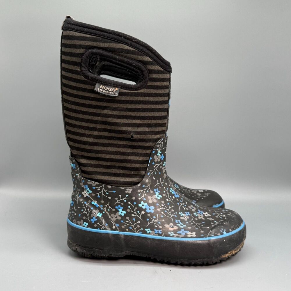 Bogs Boots Youth Size 2 Black Flower Stripe Waterproof Pull-On Rain Snow Outdoor
